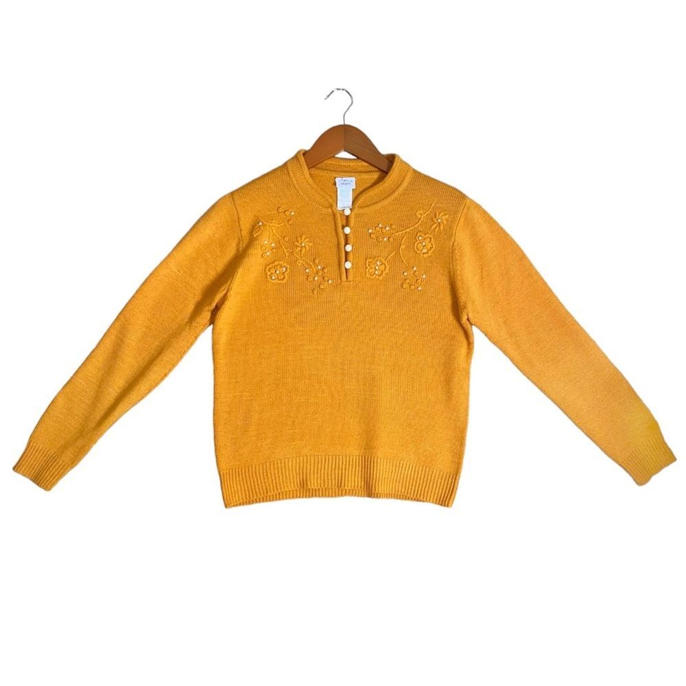 Vintage Mandarin Collar Pearl & Floral Embroidered Yellow Ribbed Knit Sweater